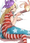  1girl american_flag american_flag_legwear american_flag_shirt arm_support bare_back blonde_hair clownpiece cowboy_shot crotch_seam eyebrows_visible_through_hair fairy_wings fire from_behind grin hair_between_eyes half-closed_eyes hat head_tilt highres holding jester_cap long_hair looking_at_viewer looking_back lying m92fs neck_ruff on_side pantyhose polka_dot print_legwear red_eyes sharp_teeth short_sleeves simple_background smile solo star star_print striped teeth torch touhou white_background wings 
