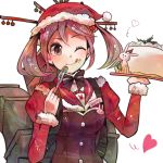  1girl :q ;q black_bow black_bowtie blush bow bowtie breasts bunny_print cake closed_mouth dress food food_on_face fork fur_trim hair_bobbles hair_ornament hat heart holding holding_food holding_fork itomugi-kun juliet_sleeves kantai_collection long_sleeves looking_at_viewer one_eye_closed open_mouth pink_eyes pink_hair puffy_sleeves rabbit santa_costume santa_hat sazanami_(kantai_collection) short_hair simple_background smile smokestack tongue tongue_out twintails upper_body white_background 