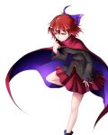  1girl absurdres black_shirt blue_bow bow breasts cape hair_bow high_collar highres leg_up long_sleeves red_eyes red_skirt redhead sekibanki shirt short_hair simple_background skirt small_breasts solo tatetsuki touhou white_background 