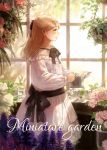  1girl bow bowtie cover cover_page doujin_cover dress flower garden hair_bow highres holding indoors jar light_brown_hair long_hair original plant potted_plant profile romiy smile solo sunlight watering_can white_dress window 