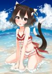  1girl animal_ears bikini black_eyes black_hair blue_sky blush cat_ears cat_tail chen clouds cloudy_sky day egret frilled_bikini frills highres jewelry kneeling looking_at_viewer multiple_tails navel outdoors red_bikini single_earring sky solo summer swimsuit tail touhou two_tails water 