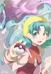  1girl 90s artist_name blue_eyes blue_hair breasts clenched_hand crystal_(pokemon) grey_background hat hoshino_(pixiv12796893) long_hair long_sleeves looking_at_viewer medium_breasts open_mouth poke_ball pokemon pokemon_(creature) pokemon_(game) pokemon_gsc purple_hair red_eyes signature smile suicune twintails yellow_hat 