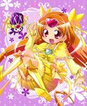  1girl boots bow brooch bubble_skirt choker circlet cure_muse cure_muse_(yellow) dodory dress earrings eyelashes fairy_tone frills full_body hair_ribbon happy heart highres jewelry karak_nishiki knee_boots long_hair magical_girl orange_hair precure purple_background red_eyes ribbon shirabe_ako skirt suite_precure yellow_bow 