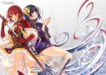  2016 2girls armor armored_dress artist_name bandage black_hair blush breasts camellia_(flower) cape city_forest_online cleavage copyright_name cowboy_shot dated flower flower_knight_girl gloves japanese_armor japanese_clothes kimono long_hair looking_at_viewer multicolored_hair multiple_girls pinwheel red_gloves redhead shion_(flower_knight_girl) short_hair short_kimono skirt smile sode streaked_hair sword tsubaki_(flower_knight_girl) very_long_hair violet_eyes weapon white_hair white_skirt yellow_eyes 