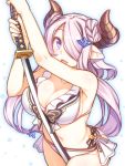  1girl :d armpits bikini blush breasts cleavage cowboy_shot doraf frilled_bikini frills granblue_fantasy hair_ornament hair_over_one_eye highres horns katana large_breasts lavender_hair long_hair looking_at_viewer low_tied_hair narumeia_(granblue_fantasy) open_mouth pointy_ears racer_(magnet) sideboob smile solo swimsuit sword unsheathed violet_eyes weapon white_bikini 