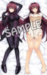  1girl :o armor barefoot blush bodysuit breasts clothes_tug dakimakura emanon123 fate/grand_order fate_(series) large_breasts long_hair lying multiple_views naked_sweater on_back purple_hair red_eyes ribbed_sweater sample scathach_(fate/grand_order) shoulder_armor smile sweater sweater_tug very_long_hair 