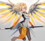  1girl alternate_hairstyle armor bangs black_gloves blonde_hair blue_eyes bodysuit breastplate breasts brown_legwear cowboy_shot faulds gloves hair_down hair_ornament headgear holding holding_staff holding_weapon loincloth long_hair mechanical_halo mechanical_wings medium_breasts mercy_(overwatch) otuming overwatch pantyhose parted_lips pelvic_curtain red_cross solo spread_wings staff swiss_flag turtleneck weapon wings 