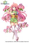  1girl :q blue_eyes flower flower_knight_girl full_body hair_flower hair_ornament hanamizuki_(flower_knight_girl) japanese_clothes kimono long_hair looking_at_viewer obi object_namesake official_art pink_hair ribbon-trimmed_legwear ribbon_trim sandals sash sayagata smile solo tabi tasuki thigh-highs tongue tongue_out utsurogi_akira white_background white_legwear zettai_ryouiki 