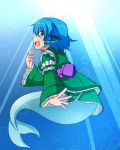  1girl :d blue_eyes blue_hair blush bubble drill_hair fish_tail green_kimono head_fins japanese_clothes jpeg_artifacts katsumi5o kimono long_sleeves looking_at_viewer mermaid monster_girl obi open_mouth profile sash short_hair smile solo sunlight touhou twin_drills underwater wakasagihime wide_sleeves 