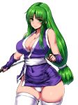  1girl bare_shoulders blush breasts cleavage erect_nipples ganbare_goemon green_eyes green_hair highleg highleg_panties ishimiso_(ishimura) japanese_clothes knife large_breasts long_hair low-tied_long_hair matching_hair/eyes ninja panties sketch smile solo thigh-highs tied_hair underwear very_long_hair weapon white_panties yae_(ganbare_goemon) 