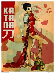  1girl 2014 ant_lucia armor bangs black_hair bombshells bumper_bangs character_name china_dress chopsticks dc_comics dragon_tattoo dress earrings floral_print formal full_body geta gloves hair_bun hair_chopsticks helmet kabuto katana katana_(dc) keychain_ornament keyhole_neckline lipstick mask official_art pin-up red_dress red_gloves red_lipstick reverse_grip samurai_armor side_slit sode solo standing sword tattoo weapon zoom_layer 