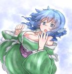  1girl bare_shoulders blue_eyes blue_hair blush breasts cleavage drill_hair head_fins japanese_clothes kimono large_breasts looking_at_viewer mermaid monster_girl obi off_shoulder open_mouth ototobe sash sketch solo touhou upper_body wakasagihime 