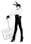  1boy animal_ears black_hair bowtie bunny_tail closed_mouth collared_shirt eyepatch full_body gloves high_heels looking_at_viewer male_focus monochrome personification rabbit_ears shokudaikiri_mitsutada sign simple_background smile solo standing tail touken_ranbu white_background zoosama 