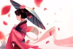  1girl blurry character_name chinese_clothes depth_of_field disney earrings fa_mulan_(disney) from_side hair_bun hanfu highres jewelry lipstick makeup mulan oriental_umbrella petals ponsu_(ponzuxponzu) red_lipstick scarf signature sleeves_past_wrists solo umbrella white_scarf 