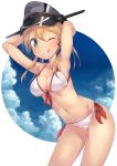  1girl ;q alternate_costume arms_behind_back arms_up bikini black_bikini black_ribbon blonde_hair blue_sky breasts cleavage clouds collarbone contrapposto cowboy_shot day front-tie_bikini front-tie_top green_eyes grey_hat hair_ribbon hat iron_cross kantai_collection low_twintails medium_breasts metindone navel one_eye_closed peaked_cap prinz_eugen_(kantai_collection) ribbon short_hair sky solo stomach swimsuit tongue tongue_out twintails white_bikini 