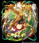  &gt;:) 1girl :d armor armpits ass black_background blush breasts claws copyright_request green_eyes green_hair grin leg_armor long_hair looking_at_viewer magic official_art open_mouth original parted_lips pop_kyun scorpion_tail sideboob smile solo tail talons vambraces watermark wings yellow_eyes 