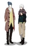  2boys blue_hair boots cargo_pants coat cosplay facial_mark full_body hands_in_pockets highres jacket looking_at_another male_focus multiple_boys nadzomi_viro nezumi_(no.6) nezumi_(no.6)_(cosplay) no.6 pants red_eyes scarf shion_(no.6) shirt short_hair sion_(no.6)_(cosplay) smile white_hair 
