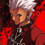  1boy abstract_background archer artist_request dark_skin fate/stay_night fate_(series) grey_eyes high_collar jacket looking_at_viewer red_jacket solo white_hair 