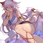  1girl animal_ears armlet blush bracelet breasts brown_eyes cleavage collarbone dress fox_ears granblue_fantasy hair_between_eyes hair_tubes hand_on_own_cheek heles jewelry joseph_lee large_breasts long_hair looking_at_viewer lying on_side see-through silver_hair simple_background skindentation solo thighs very_long_hair white_background white_dress 