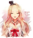  1girl 2016 alternate_hairstyle artist_name bare_shoulders blonde_hair character_name closed_eyes corset crown dated dress flower forehead hairband heart heart_necklace highres jewelry kantai_collection long_hair mini_crown necklace off_shoulder open_mouth predict red_ribbon red_rose ribbon rose smile solo upper_body warspite_(kantai_collection) white_dress 