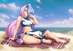  1girl anklet arm_support barefoot beach bikini blue_eyes female gradient_hair hair_over_one_eye jewelry long_hair maxa&#039; multicolored_hair navel ocean pink_hair purple_hair sarong sky smile solo swimsuit very_long_hair water 