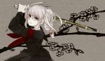  1girl braid dangan_ronpa female glasses long_hair nakuko_(hinonononono) pekoyama_peko plant red_eyes school_uniform silver_hair solo super_dangan_ronpa_2 twin_braids uniform weapon 