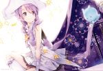  1girl absurdres anmi earrings gloves hat highres houkago_no_pleiades jewelry long_hair nanako_(houkago_no_pleiades) pleiadean purple_hair violet_eyes white_legwear 