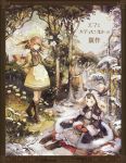  animal_ears antlers apron aqua_eyes bird boots braid brown_eyes brown_hair chibi_(shimon) cover cross-laced_footwear flower forest fur_trim green_hair highres inkwell long_hair meadow mittens monocle nature short_hair sitting snow standing summer twin_braids wind winter 