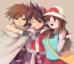  1girl 2boys arm_around_neck bag baseball_cap belt black_hair blue_(pokemon) blue_eyes brown_hair cabbie_hat crossed_arms fingerless_gloves gloves grin hand_on_another&#039;s_shoulder handbag hat jacket long_hair multiple_boys one_eye_closed ookido_green pokemon pokemon_special red_(pokemon) short_hair smile spiky_hair wristband yui_ko 