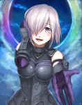  1girl aokawa_(blueriver) armor bare_shoulders breasts elbow_gloves fate/grand_order fate_(series) gloves hair_over_one_eye large_breasts looking_at_viewer open_mouth purple_hair shielder_(fate/grand_order) short_hair smile solo violet_eyes 