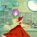  1girl american_flag book bookshelf cat desk flower hair_flower hair_ornament hakama hieda_no_akyuu indoors japanese_clothes kimono lamp looking_at_viewer magic off_shoulder painting_(object) phonograph purple_hair reading rope scroll shide shimenawa short_hair smile solo teapot touhou violet_eyes watase_rei 