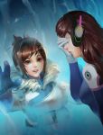  2girls artist_request bangs beads belt blue_gloves blush bodysuit bracer breasts brown_eyes brown_hair closed_mouth coat covering_eyes d.va_(overwatch) facepalm from_side frozen fur-lined_jacket fur_coat fur_collar fur_trim glint gloves hair_bun hair_ornament hair_stick hand_on_own_face harness highres ice large_breasts lips long_hair long_sleeves medium_breasts mei_(overwatch) multiple_girls no_glasses open_mouth overwatch parka pilot_suit pink_lips ribbed_bodysuit short_hair shoulder_pads sidelocks source_request swept_bangs turtleneck upper_body white_gloves winter_clothes winter_coat 