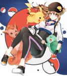  10s 1girl baseball_cap belt black_legwear breasts brown_eyes brown_hair bulbasaur choker chun_(ya_i_memories) cleavage female_protagonist_(pokemon_go) fingerless_gloves full_body gloves hat highres holding holding_poke_ball leggings long_hair pikachu poke_ball pokemon pokemon_(creature) pokemon_go shoes sitting sneakers vulpix 