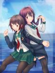  2girls ;d black_legwear blouse blue_sky brown_hair chamu_(chammkue) clothes_around_waist clouds crescent crescent_moon_pin hair_ornament hand_holding highres jacket jacket_around_waist kantai_collection kisaragi_(kantai_collection) long_hair multiple_girls mutsuki_(kantai_collection) ocean one_eye_closed open_mouth pantyhose remodel_(kantai_collection) short_hair sky smile thigh-highs water 