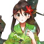  1girl amagi_(kantai_collection) bangs blush breasts brown_eyes brown_hair eyebrows eyebrows_visible_through_hair flower furisode hair_between_eyes hair_flower hair_ornament itomugi-kun japanese_clothes kantai_collection kimono long_hair looking_at_viewer medium_breasts mole open_mouth parted_lips ponytail print_kimono simple_background solo upper_body white_background 