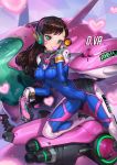  1girl blush bodysuit breasts brown_eyes brown_hair bubblegum cannon closed_mouth clothes_writing d.va_(overwatch) facepaint gloves grey_gloves gun hand_on_own_cheek headgear heart heart-shaped_pupils highres holding holding_gun holding_weapon leaning_forward long_hair looking_at_viewer machinery mecha medium_breasts mhk_(mechamania) one_knee overwatch skin_tight smile solo symbol-shaped_pupils trigger_discipline weapon 