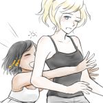  2girls black_hair black_shirt blonde_hair blue_eyes breasts casual child closed_eyes collarbone collision dark_skin dress hair_tubes happy high_ponytail hug hug_from_behind mercy_(overwatch) multiple_girls one_eye_closed open_mouth overwatch pharah_(overwatch) shirt short_hair simple_background sketch small_breasts smile tank_top tuskine_kinase white_background white_dress younger yuri 