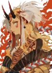  1girl artist_name bell blonde_hair bodypaint demon_girl earrings facial_mark fangs fate/grand_order fate_(series) hair_bell hair_ornament hg0524 hg_(pixiv16108795) ibaraki_douji_(fate/grand_order) jewelry jingle_bell long_hair oni oni_horns pointy_ears profile rope shimenawa simple_background solo upper_body white_background yellow_eyes 