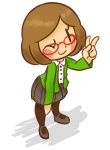  1girl artist_request blush brown_hair female full_body glasses looking_at_viewer nikki_(swapnote) skirt solo swapnote v white_background winking 