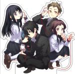  2boys 2girls black_hair brown_eyes brown_hair chitanda_eru cutout fukube_satoshi gakuran green_eyes hyouka ibara_mayaka indian_style long_hair multiple_boys multiple_girls oreki_houtarou red_eyes red_string school_uniform serafuku short_hair sitting squatting string string_phone takumi_(scya) violet_eyes 