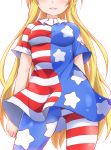  1girl absurdres american_flag american_flag_dress american_flag_legwear american_flag_shirt arms_at_sides blonde_hair blush breasts clenched_hands close-up clownpiece contrapposto dress frilled_shirt_collar frills head_out_of_frame highres hiro_(pqtks113) impossible_clothes long_hair medium_breasts no_wings outside_border pantyhose parted_lips pink_eyes short_dress short_sleeves smile solo touhou very_long_hair 