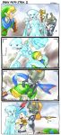  1boy 3girls 4koma aqua_hair blonde_hair blue_eyes blue_scarf camera carrying comic earrings english green_clothes green_hat hat highres imp jewelry lana_(zelda_musou) link midna multiple_girls pointy_ears princess_ruto scarf selfie_stick shoulder_carry stup-jam the_legend_of_zelda violet_eyes zelda_musou zora 