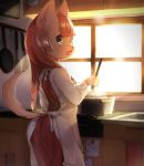  1girl apron brown_hair cooking copyright_request dog dress female furry indoors long_hair open_mouth solo suurin_(ksyaro) 