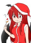  1girl :3 :t ? alternate_costume bare_shoulders blush demon_girl demon_wings eating food food_on_face fork hat head_wings katsumi5o koakuma long_hair looking_at_viewer red_eyes red_shirt redhead santa_costume santa_hat shirt shortcake sidelocks simple_background sleeveless sleeveless_shirt solo strawberry_shortcake touhou upper_body white_background wings 