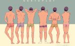  6+boys absurdres ahoge arms_behind_back arms_up ass bare_back barefoot black_hair boxer_briefs brothers buddha clenched_hands contrapposto from_behind full_body hand_on_own_shoulder highres interlocked_fingers knees_together_feet_apart leg_hair legs_apart lineup male_focus matsuno_choromatsu matsuno_ichimatsu matsuno_juushimatsu matsuno_karamatsu matsuno_osomatsu matsuno_todomatsu middle_finger mozuku_(mowaizumi) multiple_boys no_shoes osomatsu-kun osomatsu-san own_hands_together pigeon-toed scratching sextuplets shirtless siblings signature simple_background socks standing tattoo thigh_gap two-tone_background underwear underwear_only white_background 