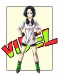  1girl bike_shorts black_hair blue_eyes boots character_name dragon_ball dragon_ball_z dragonball_z fingerless_gloves frown full_body gloves green_boots hair_tubes hands_on_hips inaba-no-kuni-tottori serious shirt solo star t-shirt twintails videl 