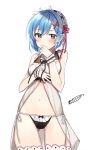  1girl alternate_costume alternate_hairstyle bare_shoulders black_panties blue_eyes blue_hair blush camisole covering_mouth dr_poapo gluteal_fold hair_between_eyes hair_ornament highres lingerie maid_headdress navel panties re:zero_kara_hajimeru_isekai_seikatsu rem_(re:zero) short_hair side-tie_panties signature simple_background sleepwear thigh-highs thighs underwear white_background wrist_cuffs x_hair_ornament 