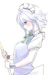  1girl apron blue_eyes blush braid breasts broom female hair_ribbon izayoi_sakuya maid maid_apron maid_headdress mappe_(778exceed) neck_ribbon profile ribbon short_hair sketch smile solo touhou tress_ribbon twin_braids upper_body white_background white_hair wristband 