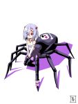  1girl arachne carapace detached_sleeves extra_eyes eyes_visible_through_hair full_body highres insect_girl lavender_hair monster_girl monster_musume_no_iru_nichijou multiple_legs pink_eyes rachnera_arachnera s-now shadow signature simple_background solo spider_girl white_background younger 