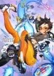  1girl arm_up ass bangs bodysuit bomber_jacket breasts brown_eyes brown_hair character_name dual_wielding gloves goggles gun handgun harness highres holding holding_weapon jacket looking_at_viewer mhk_(mechamania) overwatch short_hair smile solo spiky_hair tracer_(overwatch) weapon 